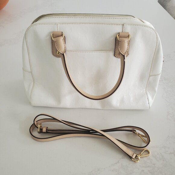 Michael Kors Signature White Patent Large Satchel Crossbody Beige Strap Handbag - Picture 1 of 13